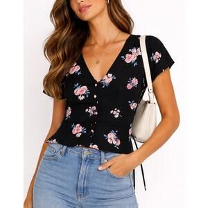 Abercrombie & Fitch Babydoll Floral Tie Back Blouse XS Black Coquette Dainty Y2k